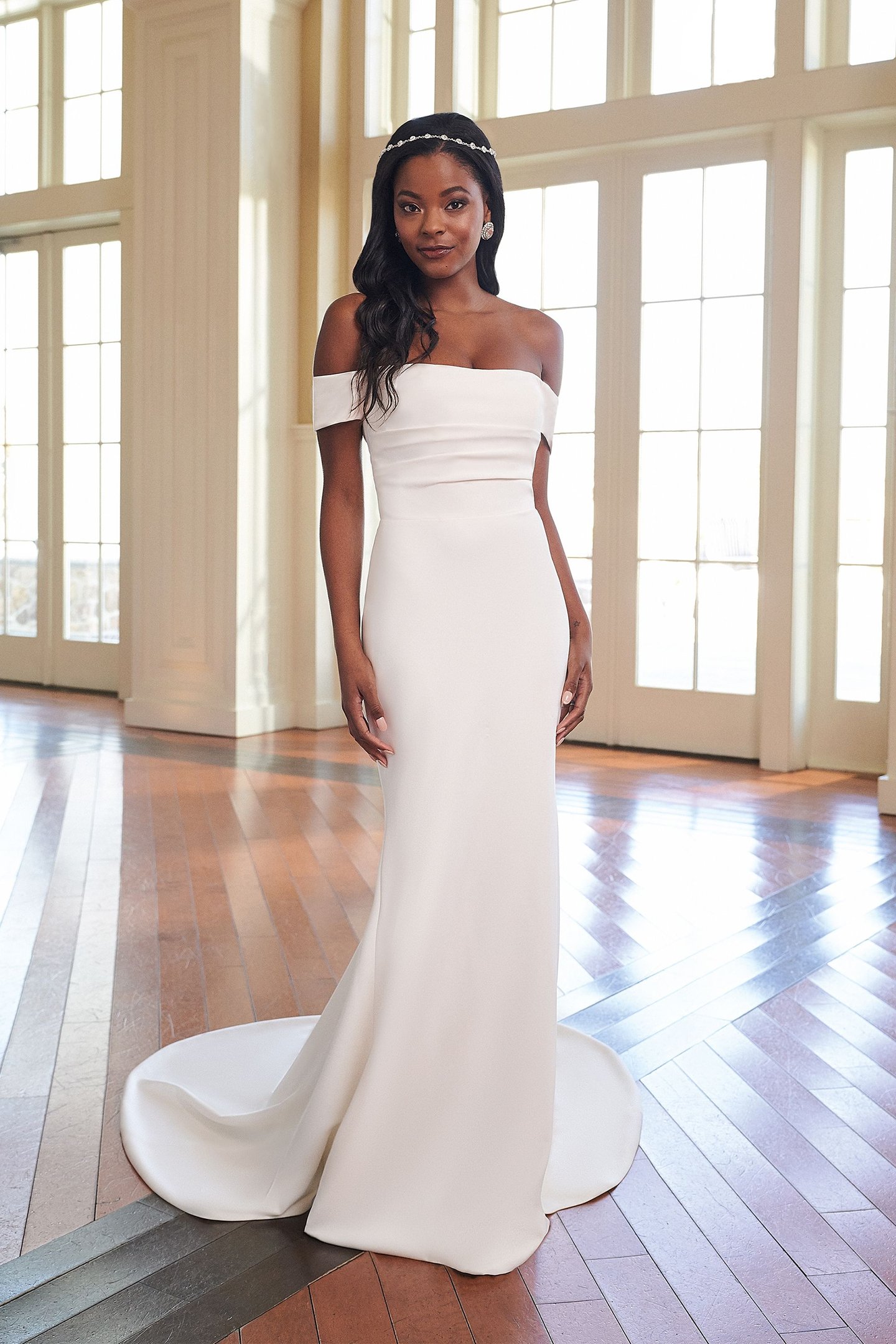 Off-the-Shoulder Stretch Crepe Fit and Flare Gown - Sincerity by Justin Alexander Wedding Dress - White Rose Bridal Newark NJ