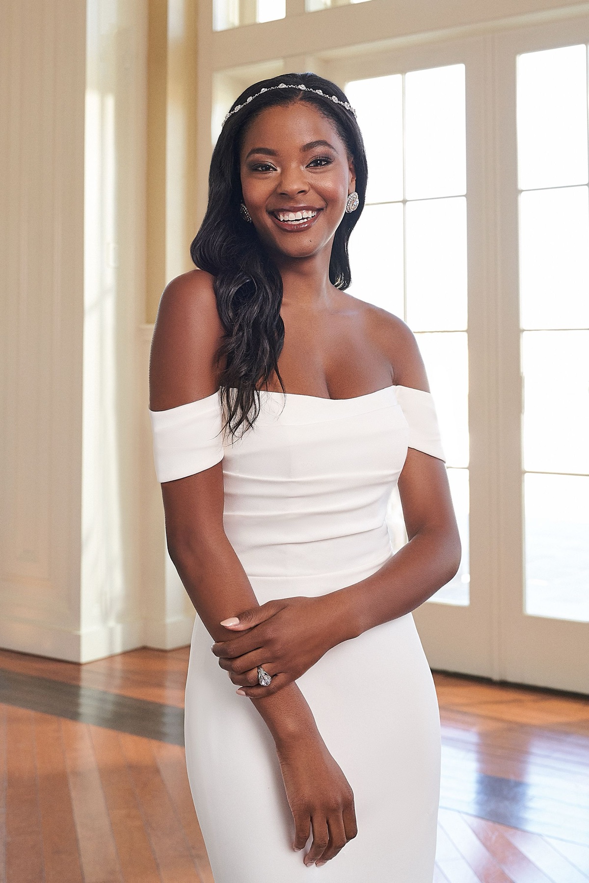 Off-the-Shoulder Stretch Crepe Fit and Flare Gown - Sincerity by Justin Alexander Wedding Dress - White Rose Bridal Newark NJ (view 2)