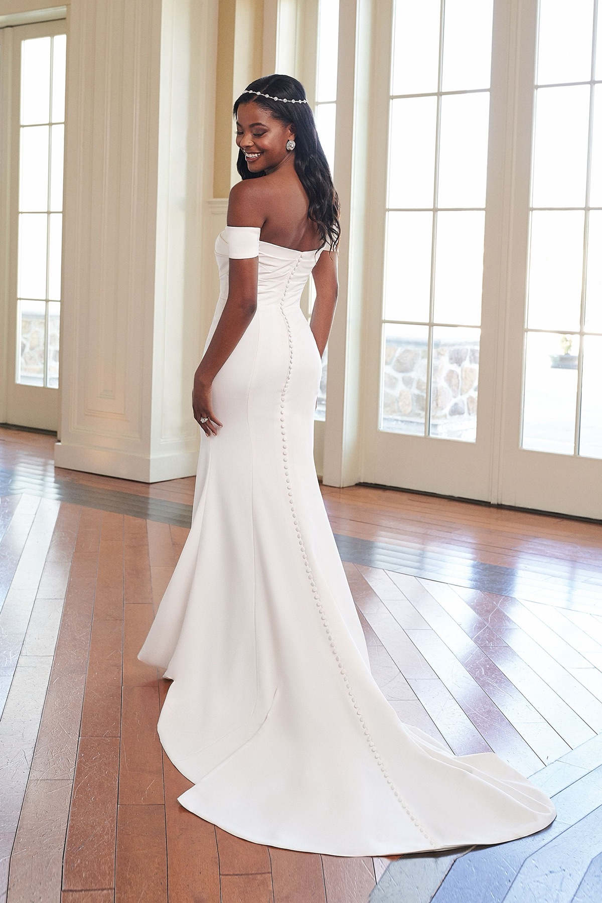 Off-the-Shoulder Stretch Crepe Fit and Flare Gown - Sincerity by Justin Alexander Wedding Dress - White Rose Bridal Newark NJ (view 3)
