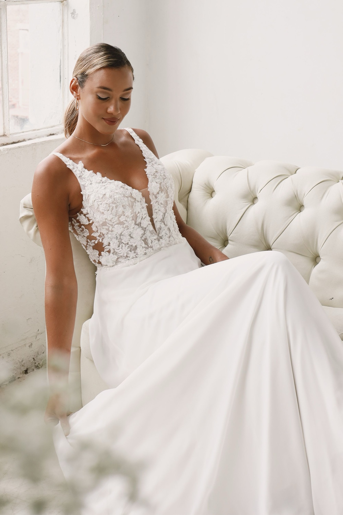Beaded Chiffon A-Line Gown with 3D Appliques and Cutout Train - Sincerity by Justin Alexander Wedding Dress - White Rose Bridal Newark NJ (view 2)