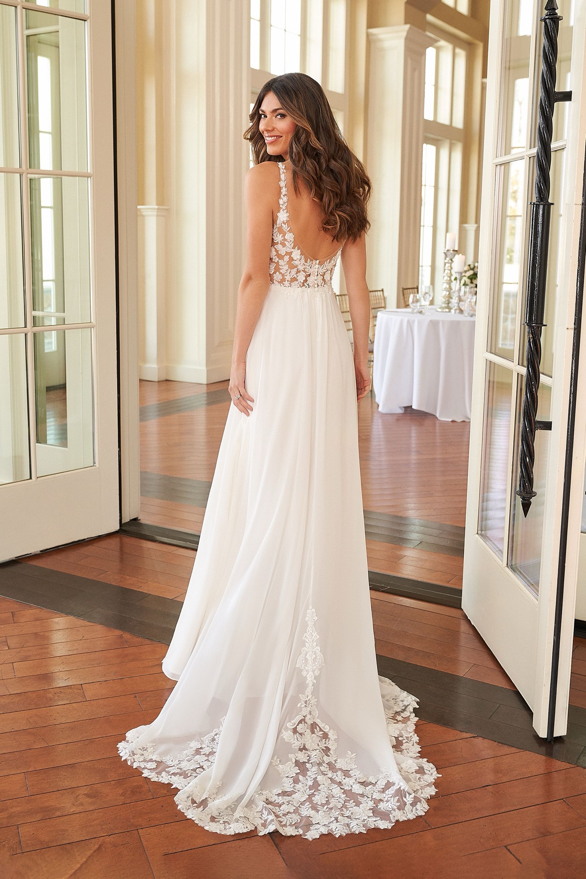 Beaded Chiffon A-Line Gown with 3D Appliques and Cutout Train - Sincerity by Justin Alexander Wedding Dress - White Rose Bridal Newark NJ (view 4)