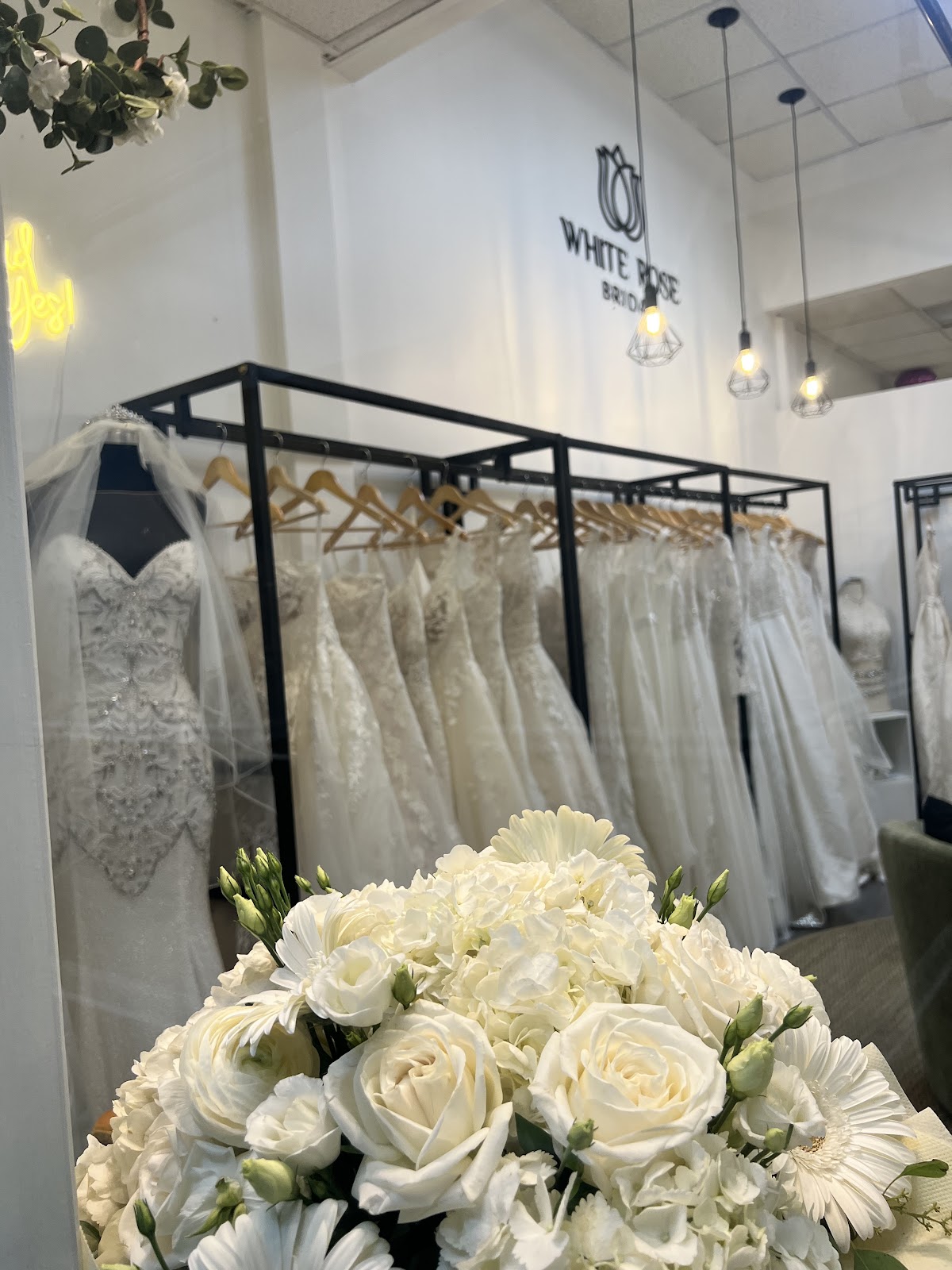 Interior of White Rose Bridal boutique in Newark's Ironbound district