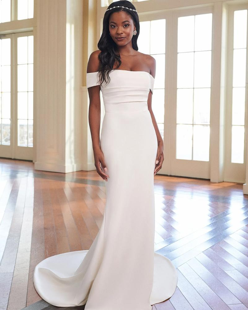 Off-the-Shoulder Stretch Crepe Fit and Flare Gown